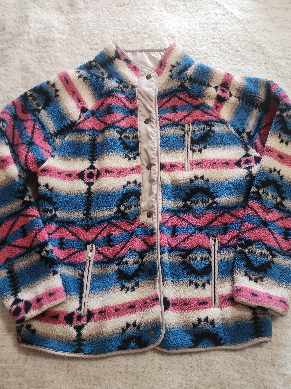 Kori Southwestern Geometric Teddy Jacket with Zipper Pockets Multi-Color Size S